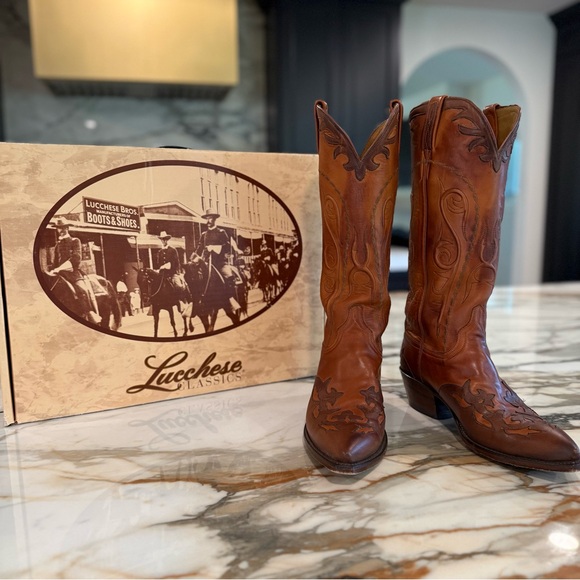 Lucchese Women’s Tall Chocolate + Saddle Brown Leather Cowboy Boots with Inlay - Picture 12 of 14
